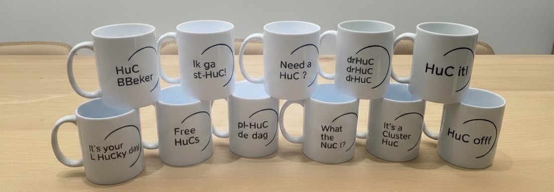 11 witte HuC-mokken (deels opgestapeld) op een tafel. Elke mok heeft een aparte slogan.
